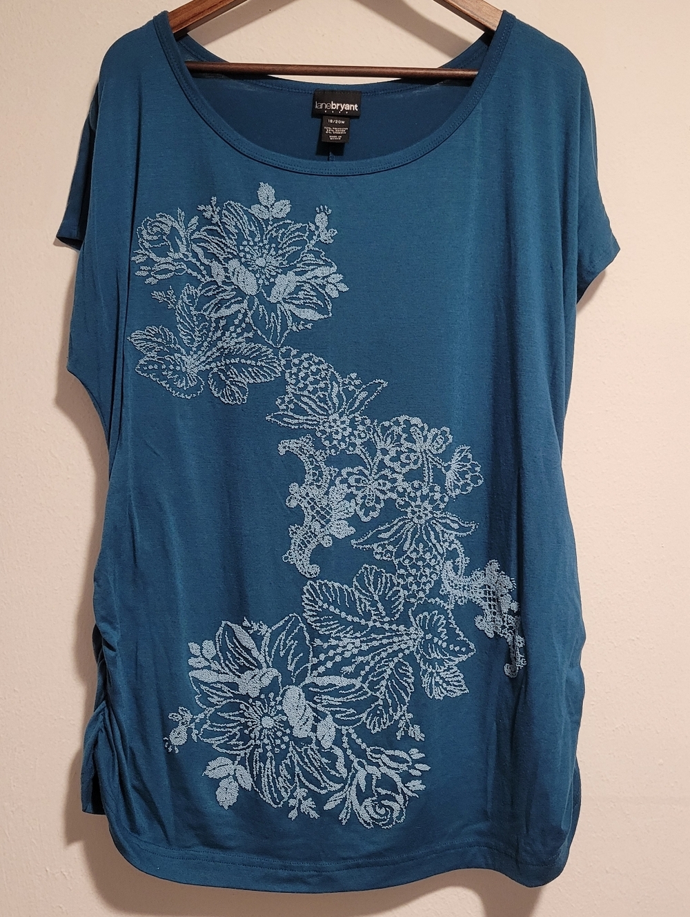 Lane Bryant Scoop-Neck Short Sleeve Top with Beaded Floral Design, Teal, 18/20W